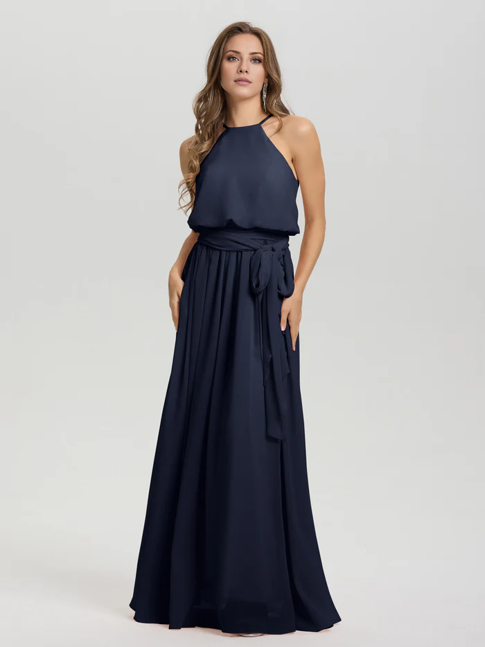 Hanging neck low round neck sleeveless chiffon and floor length Bridesmaid dresses
