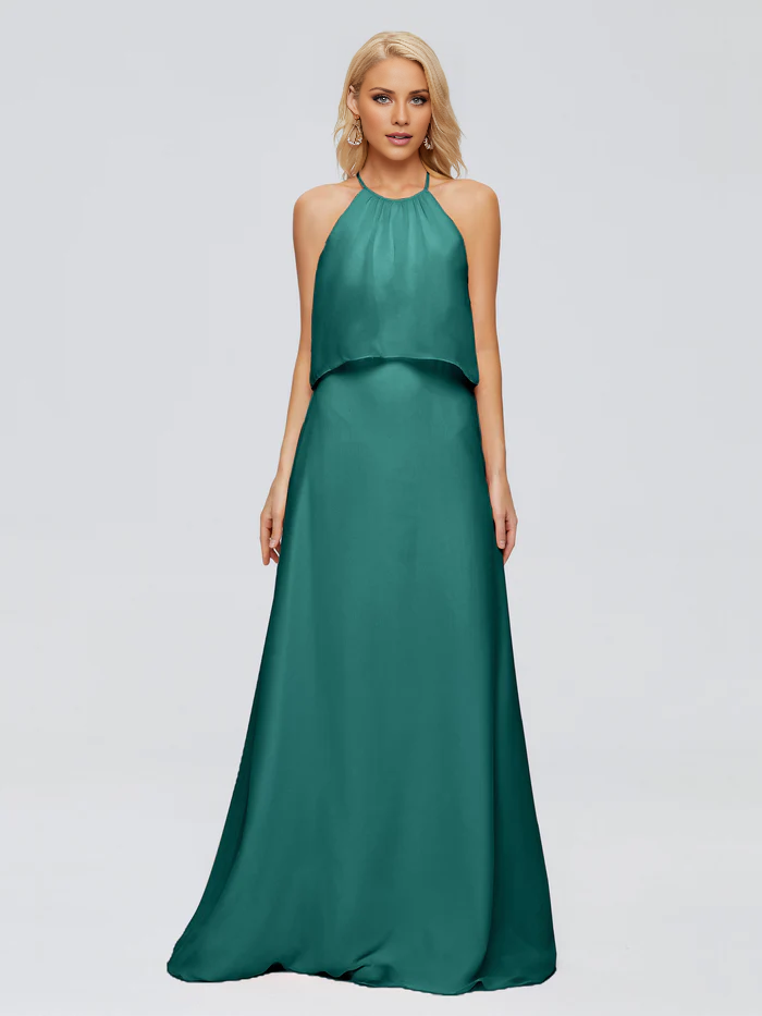 Post neck chiffon and floor length bridesmaid dress
