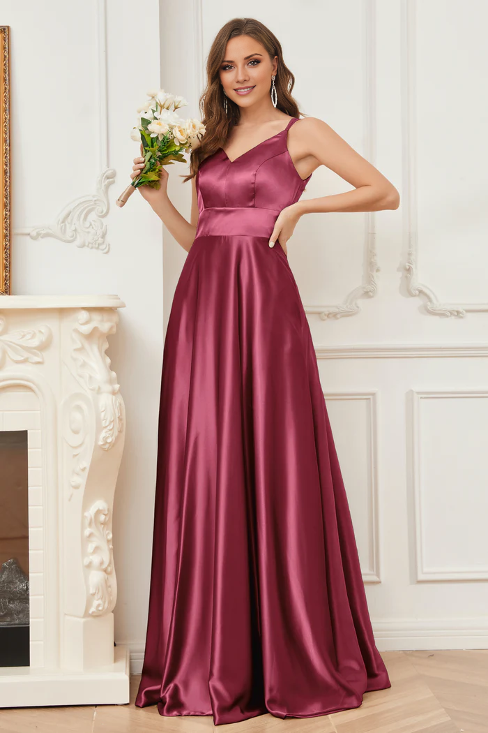 Thin shoulder strap V-neck soft satin and floor length bridesmaid dress