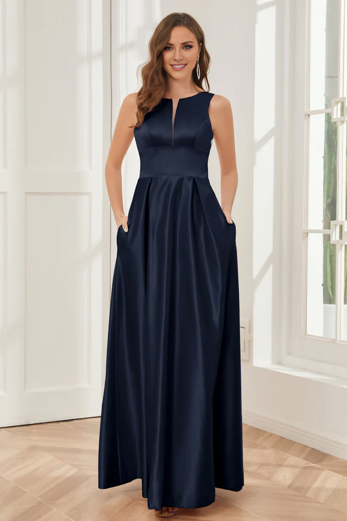 A-line sleeveless satin and floor length bridesmaid dress