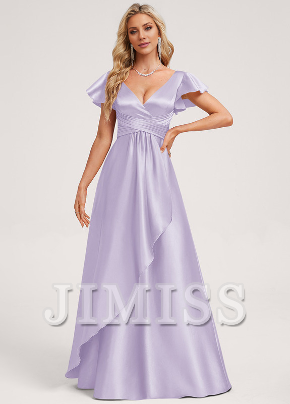 Ruffled A-line V-neck Floor-length Satin Bridesmaids Dress