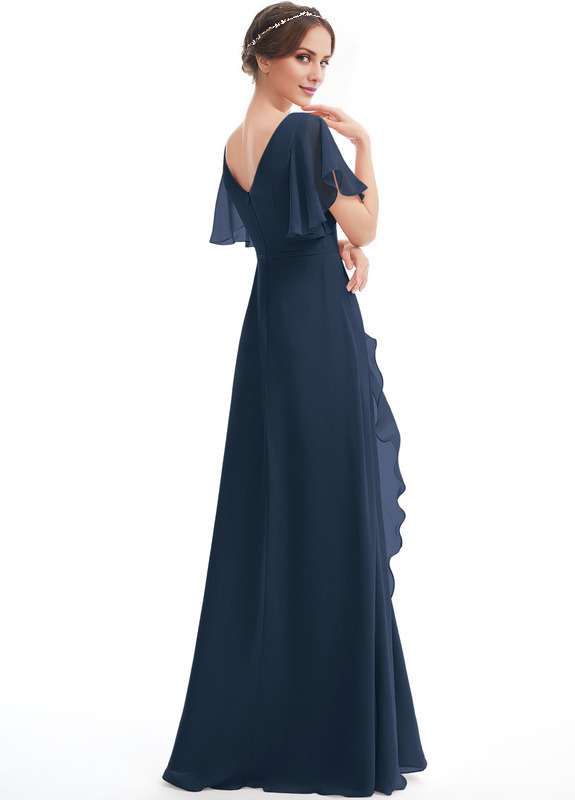 Ruffled A-line V-neck Floor-length Chiffon Bridesmaids Dress