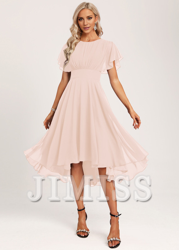 Ruffled A-line Spoon Asymmetric Chiffon Bridesmaids Dress