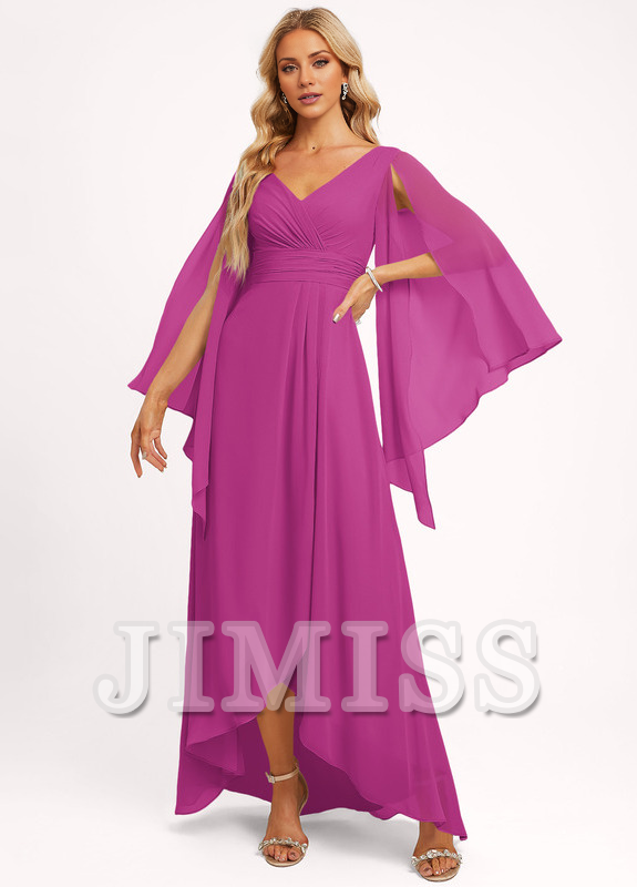 Ruffled A-line V-neck Asymmetric Chiffon Bridesmaids Dress