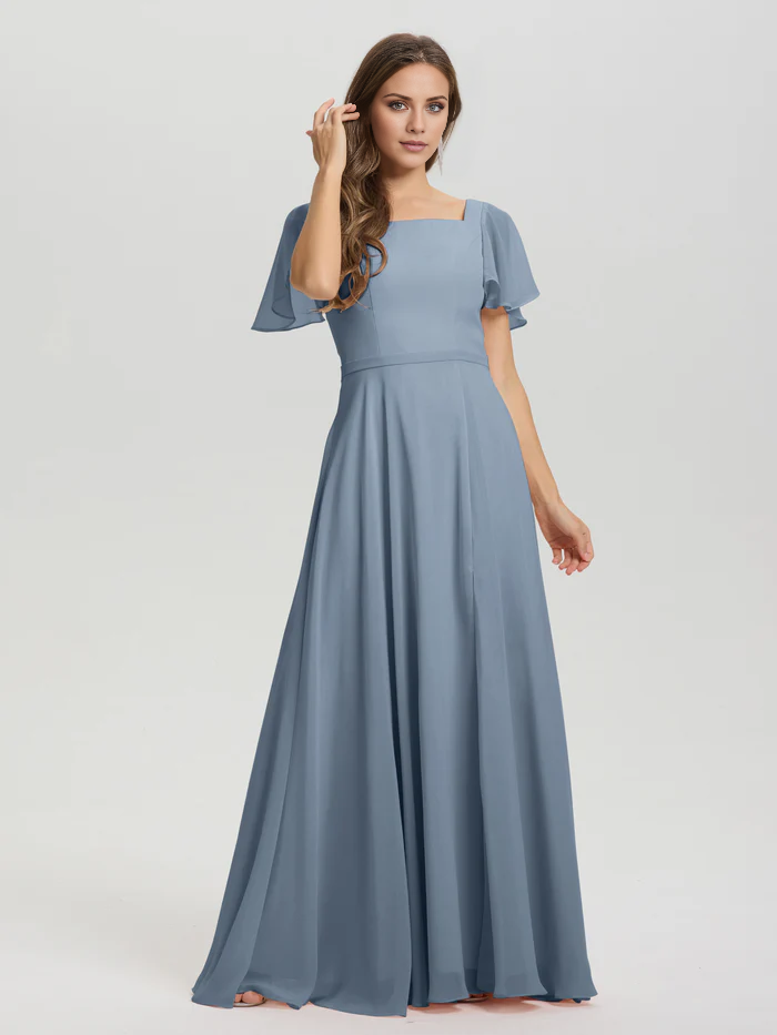 A-line square collar ruffled short sleeved and ground chiffon/ground length bridesmaid dress