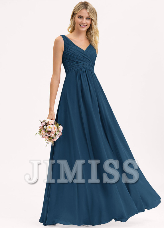 A-line V-neck floor-length chiffon pleated bridesmaid dress