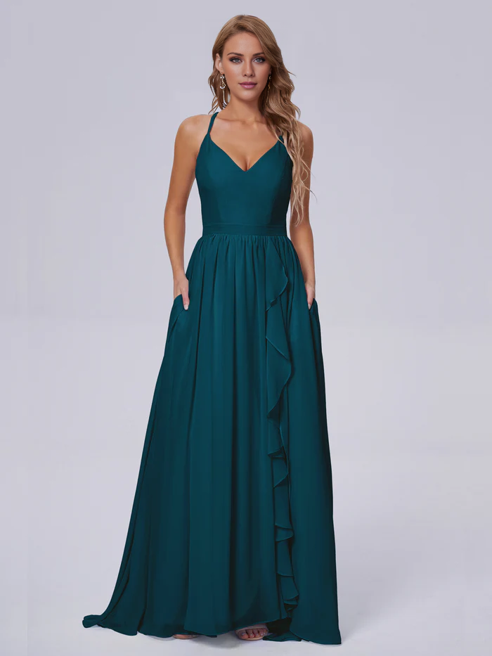 Elegant shoulder strap chiffon and floor length bridesmaid dress