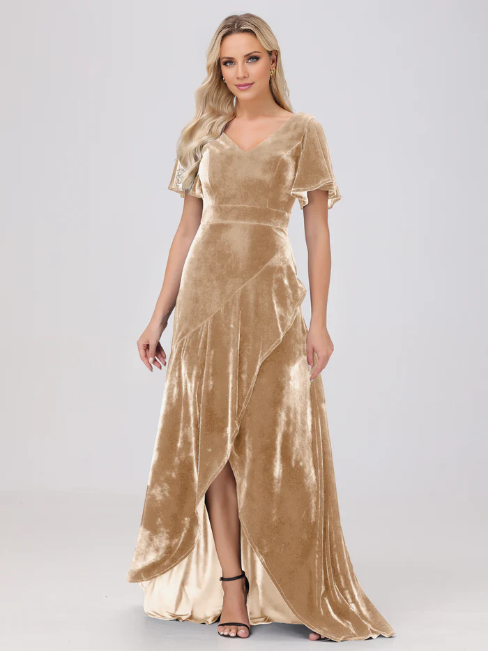 V-neck short sleeved ruffled velvet and floor length bridesmaid dress