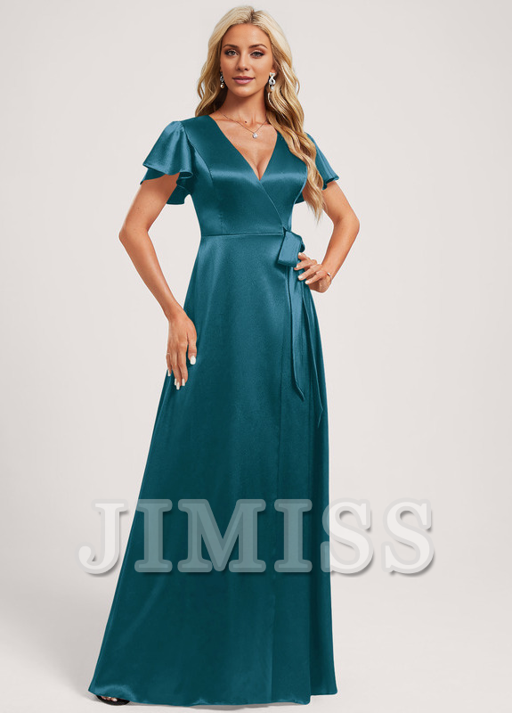 A-Line V-Neck Floor-Length Stretch Satin Bridesmaids Dress