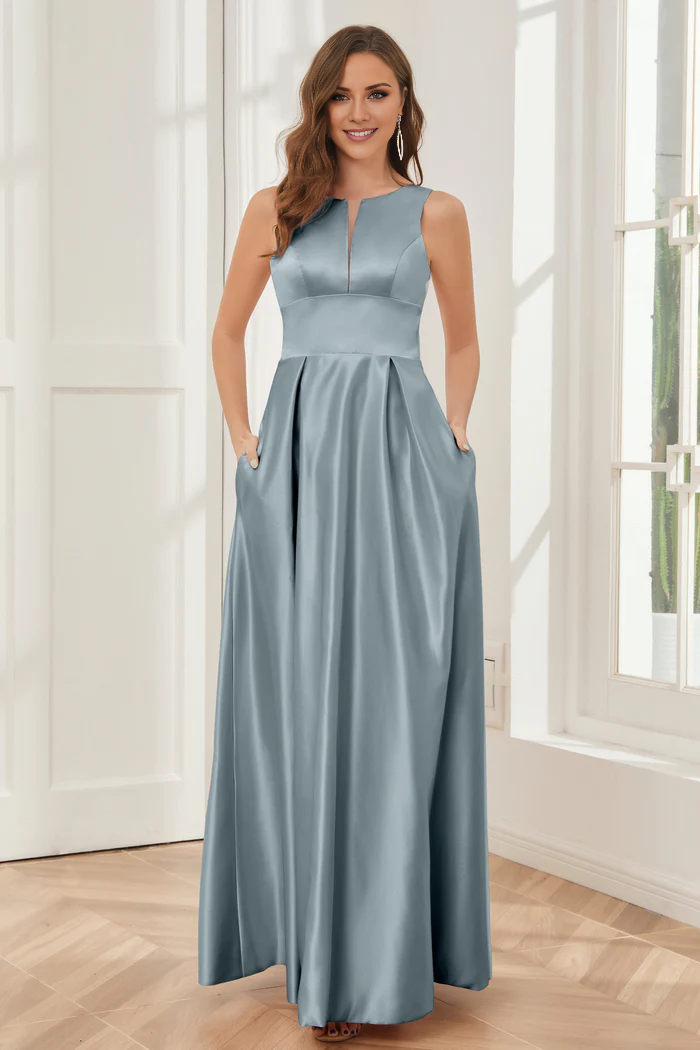 A-line sleeveless satin and floor length bridesmaid dress