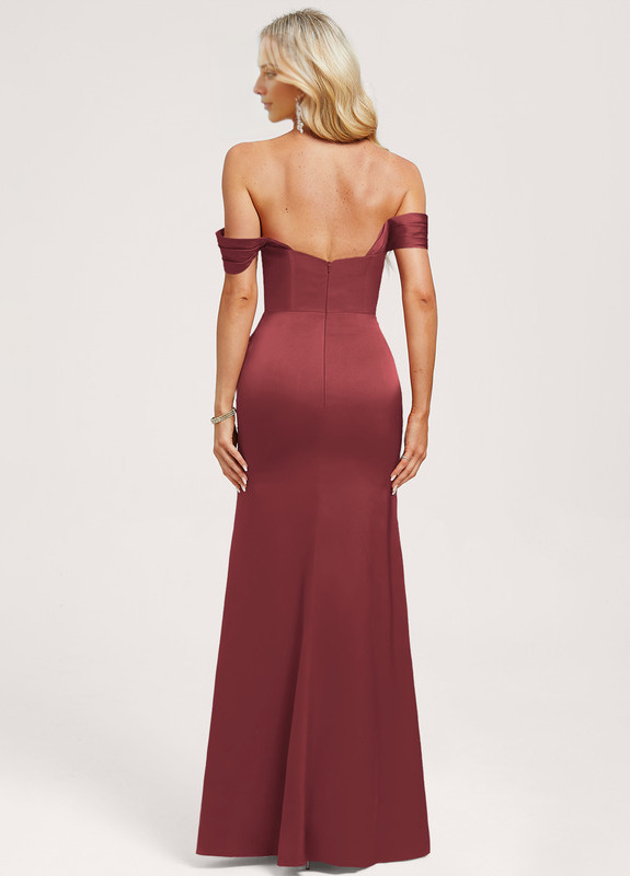 Ruffled A-Line Off-The-Shoulder Floor-Length Matte Satin Bridesmaids Dress