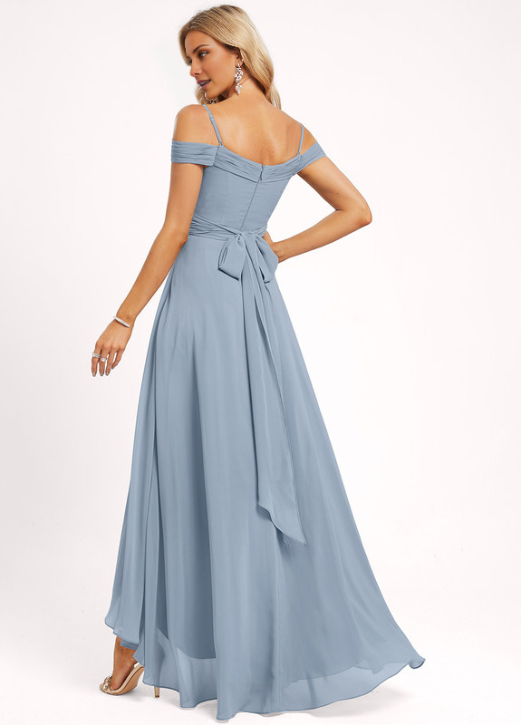 A-line off-shoulder asymmetric chiffon bridesmaid dress