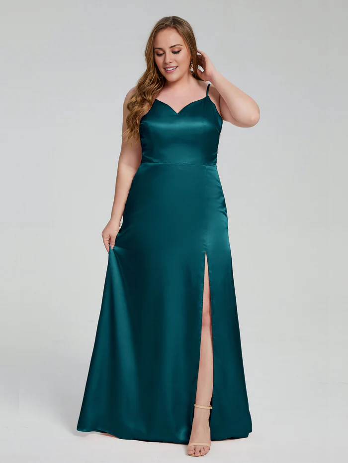 Split plus size soft satin and floor length bridesmaid dress