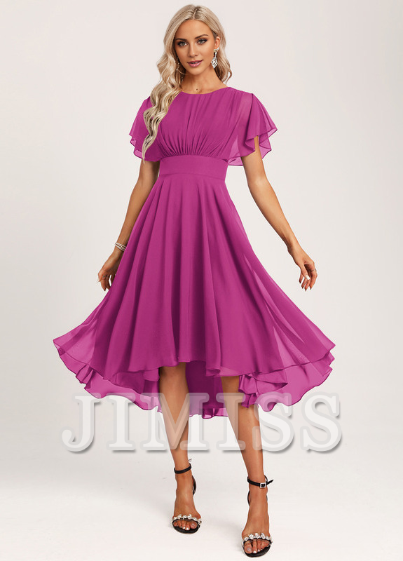 Ruffled A-line Spoon Asymmetric Chiffon Bridesmaids Dress