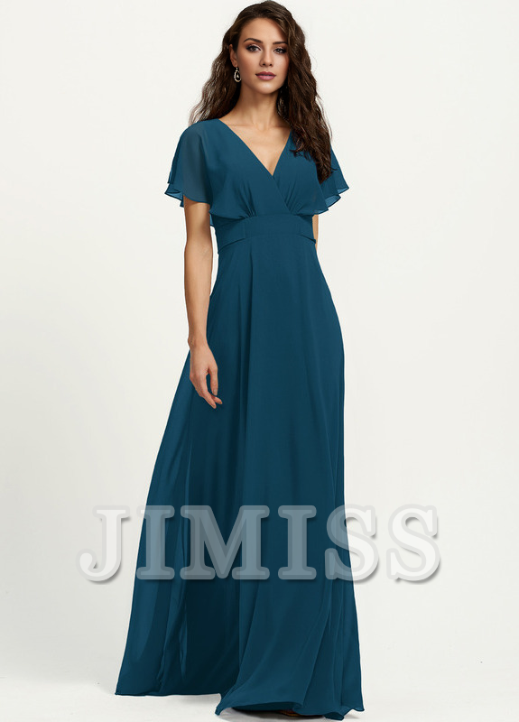 A-line V-neck floor-length chiffon bridesmaid dress