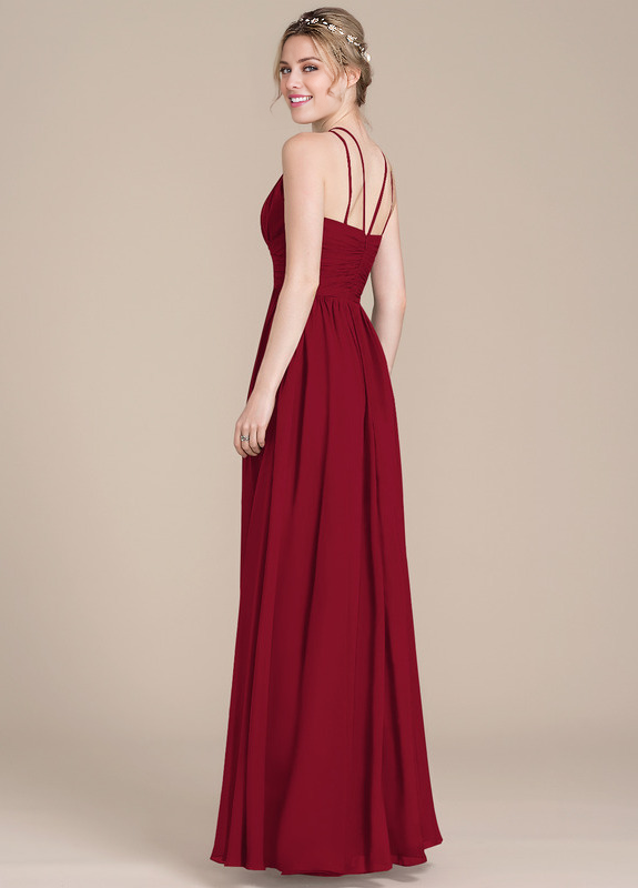Lotus leaf A-line low round neck chiffon bridesmaid dress