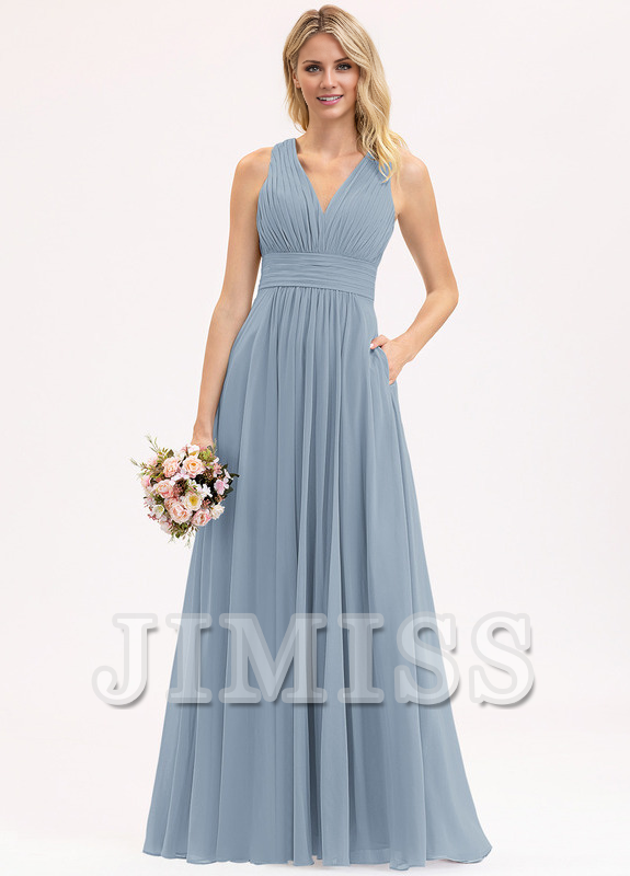 Bow Ruffle A-Line V-Neck Floor Length Chiffon Bridesmaids Dress