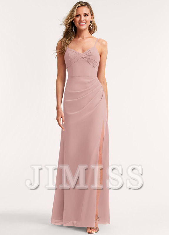 A-line V-neck floor-length chiffon bridesmaid dress