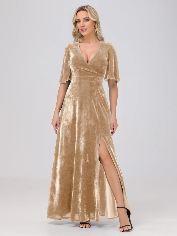 A-line V-neck short sleeved slit velvet and floor length bridesmaid dress