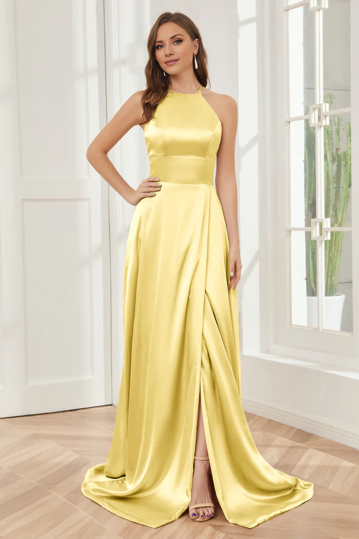 Column neck hanging soft satin and floor length bridesmaid dress
