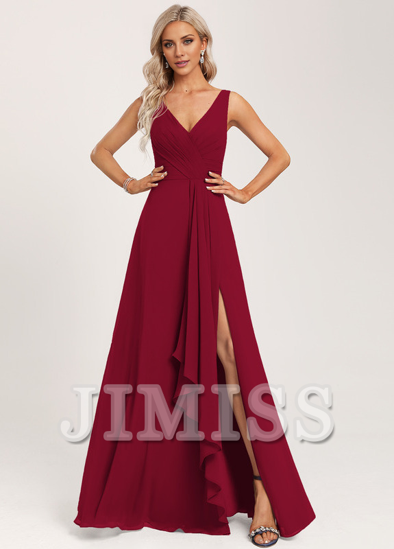 Ruffled A-line V-neck Floor-length Chiffon Bridesmaids Dress