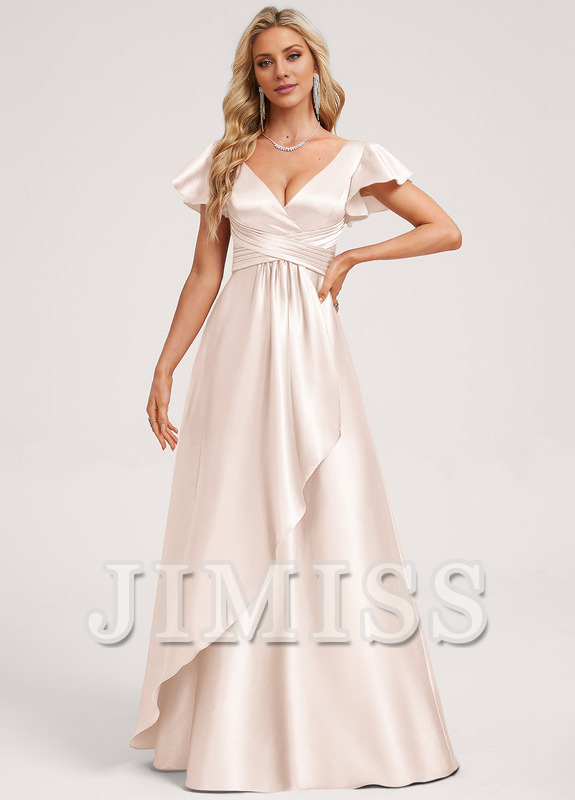 Ruffled A-line V-neck Floor-length Satin Bridesmaids Dress