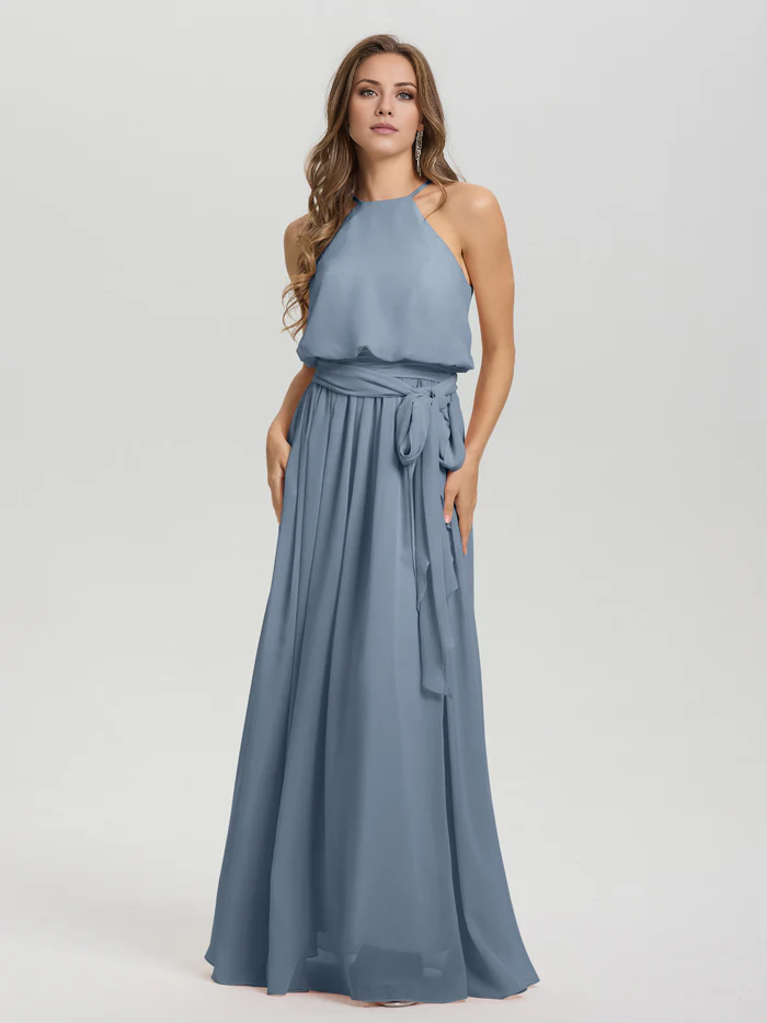Hanging neck low round neck sleeveless chiffon and floor length Bridesmaid dresses