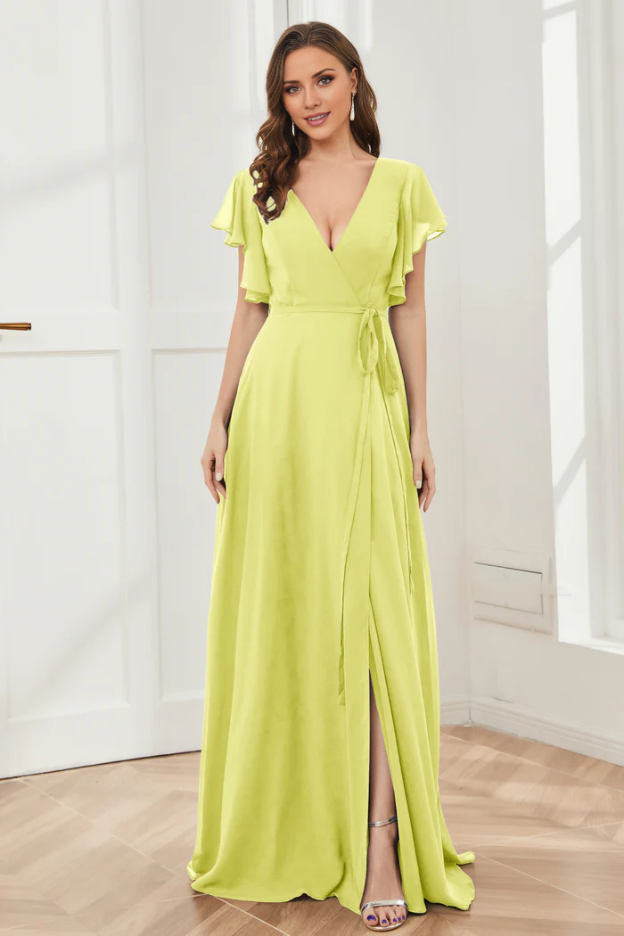 V-neck ruffled sleeve chiffon slit and floor length bridesmaid dress