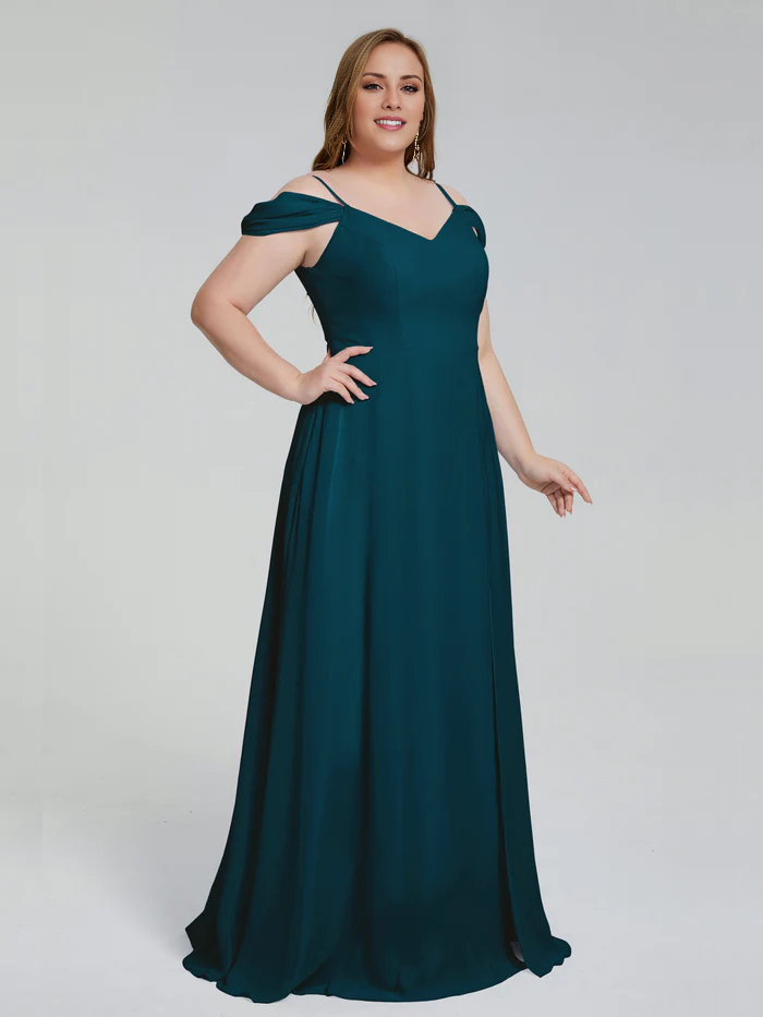 Thin shoulder strap plus size and floor length bridesmaid dress