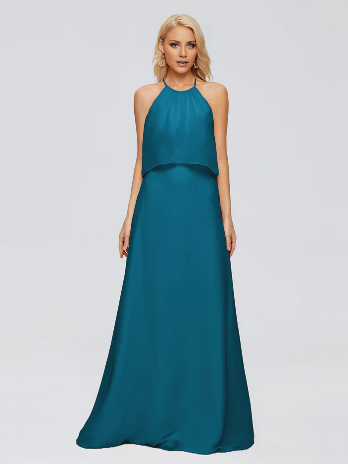 Post neck chiffon and floor length bridesmaid dress