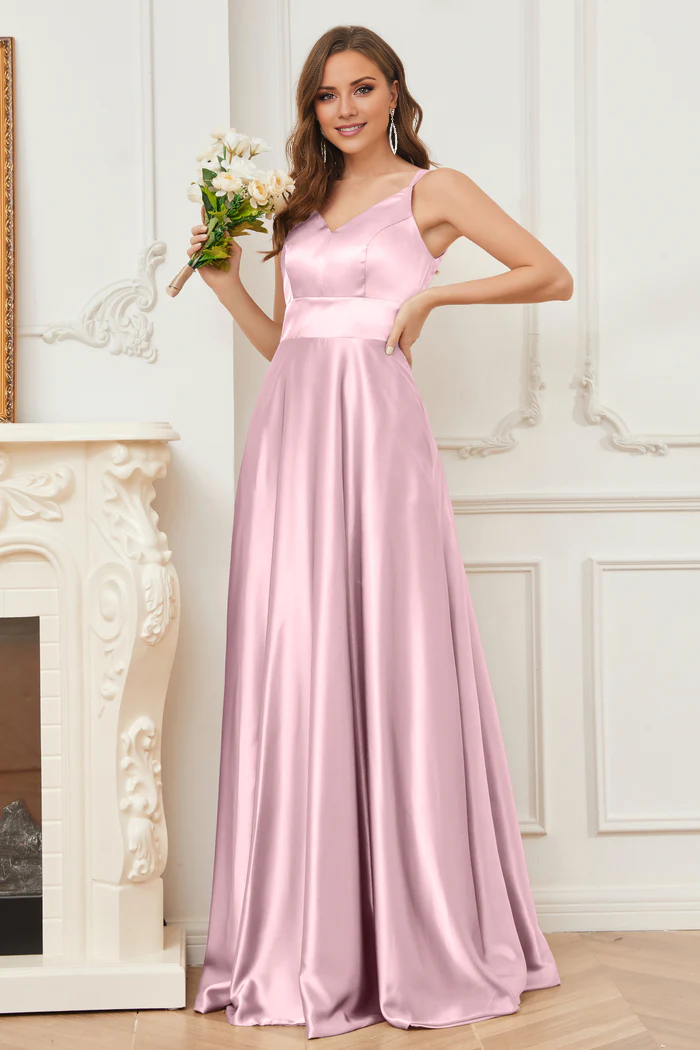Thin shoulder strap V-neck soft satin and floor length bridesmaid dress