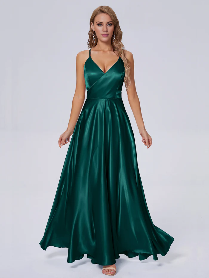 Elegant shoulder strap soft satin and floor length bridesmaid dress