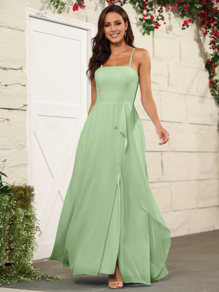 Beautiful chiffon thin shoulder strap and floor length bridesmaid dress