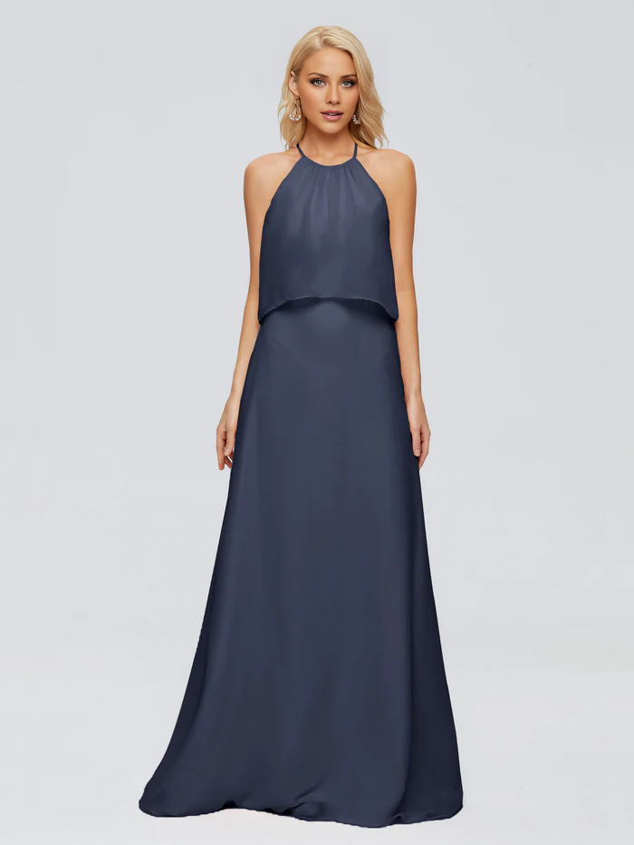 Post neck chiffon and floor length bridesmaid dress