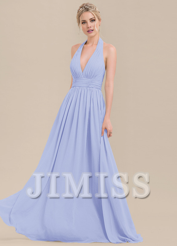 Ruffled A-Line Halter Neck Floor Length Chiffon Bridesmaids Dress