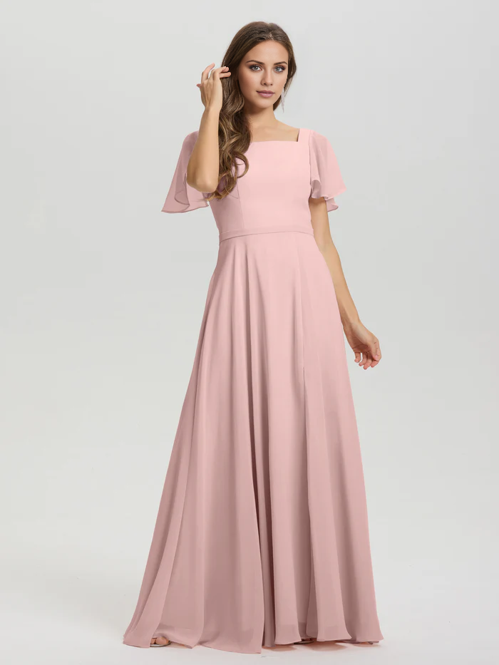 A-line square collar ruffled short sleeved and ground chiffon/ground length bridesmaid dress