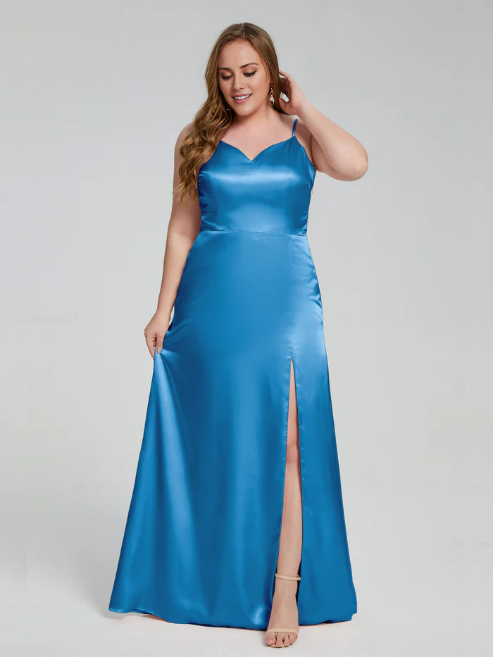 Split plus size soft satin and floor length bridesmaid dress