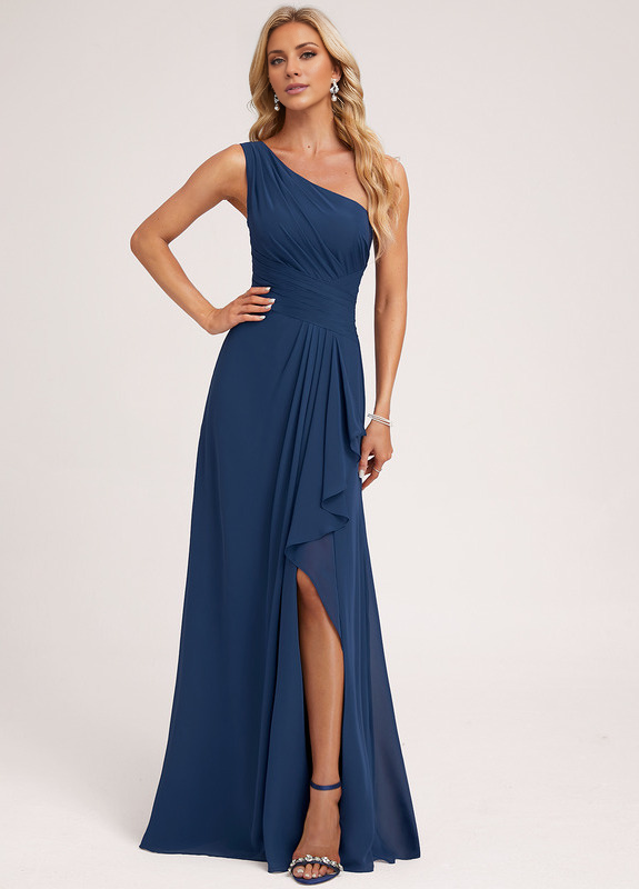 Ruffled A-line One Shoulder Floor Length Chiffon Bridesmaid Dress