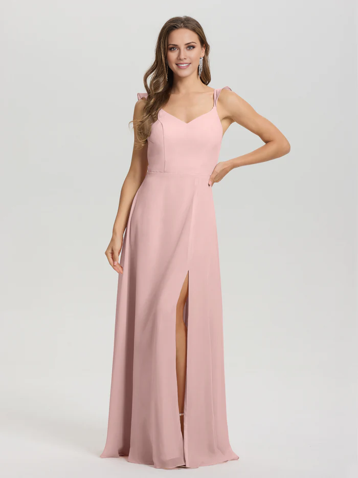 V-neck shoulder strap tied chiffon slit and floor length bridesmaid dress