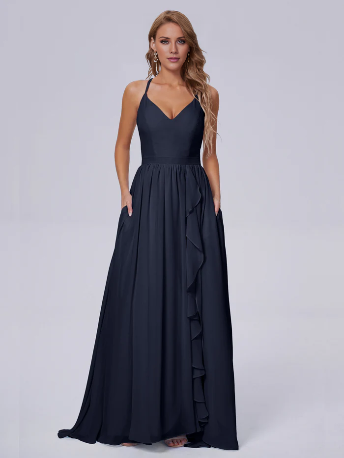 Elegant shoulder strap chiffon and floor length bridesmaid dress