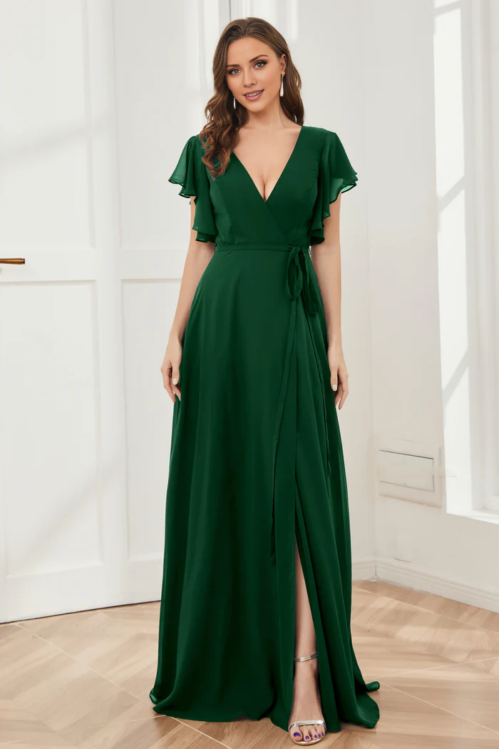 V-neck ruffled sleeve chiffon slit and floor length bridesmaid dress