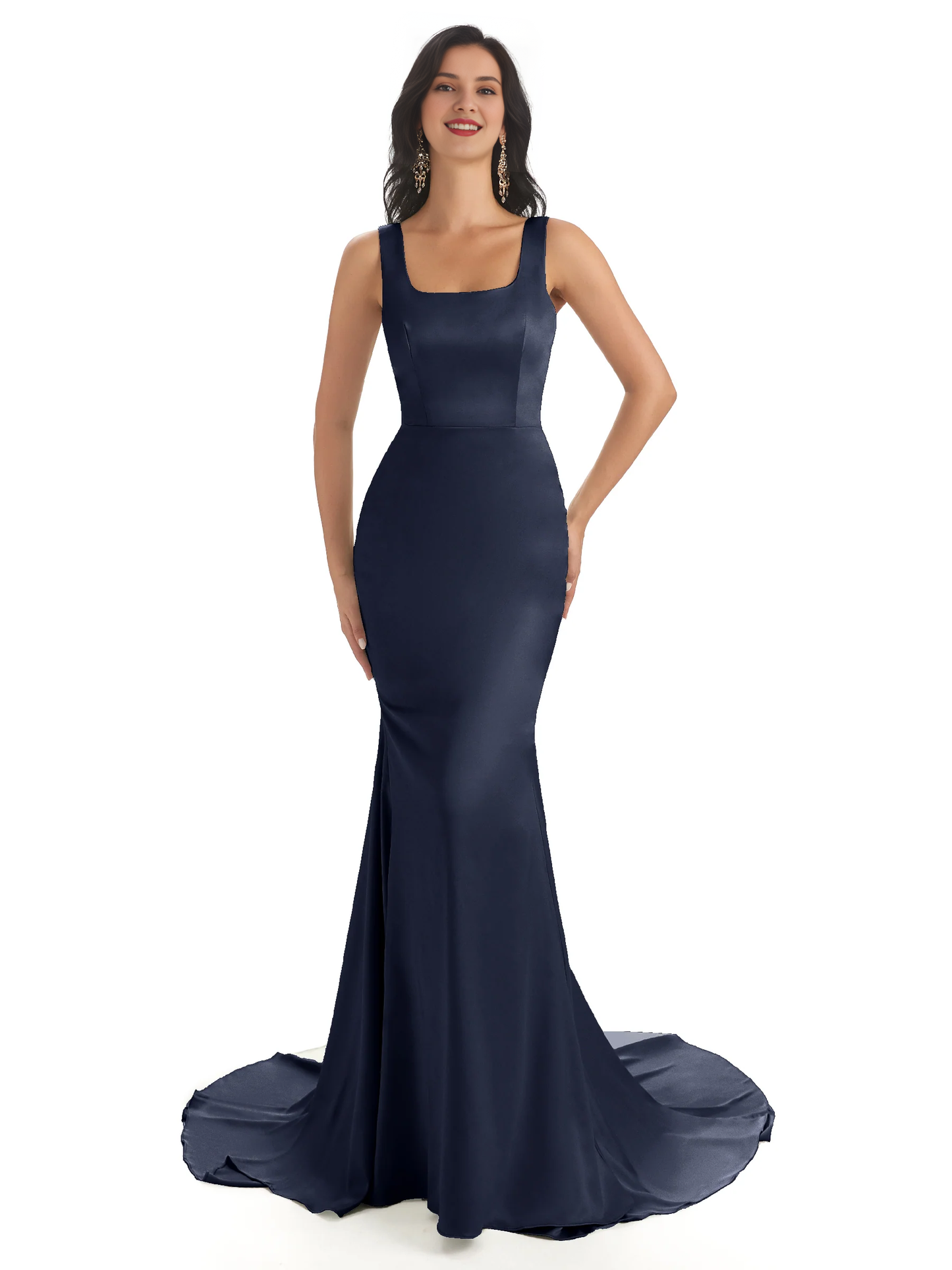 Soft satin unique square neck extra long fish tail bridesmaid dress