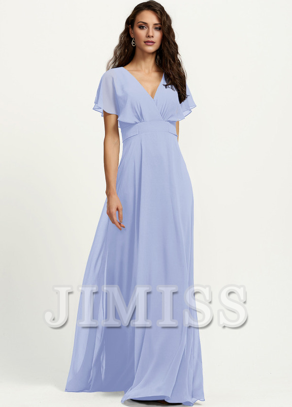 A-line V-neck floor-length chiffon bridesmaid dress