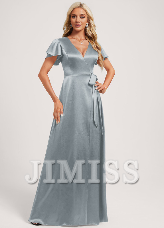 A-Line V-Neck Floor-Length Stretch Satin Bridesmaids Dress