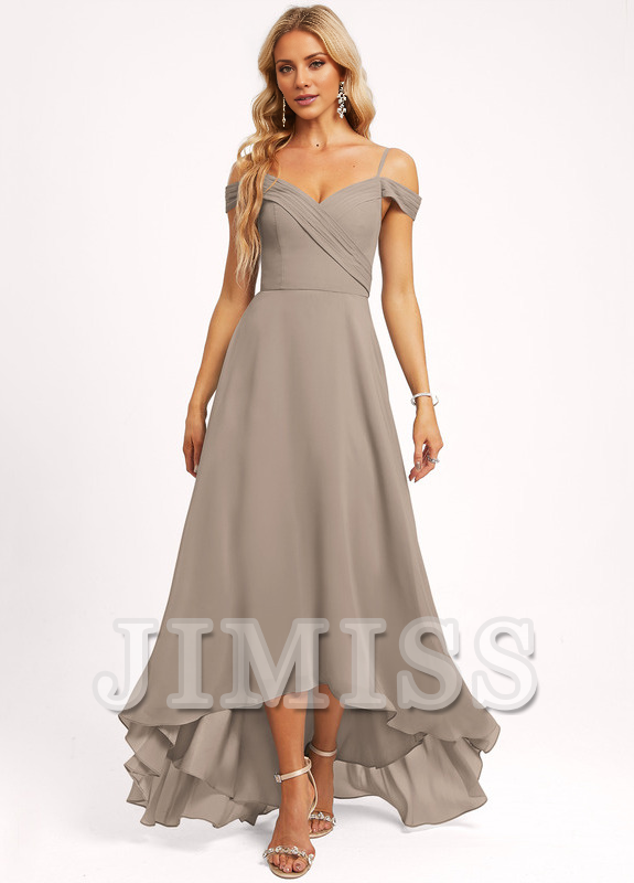 A-line off-shoulder asymmetric chiffon bridesmaid dress