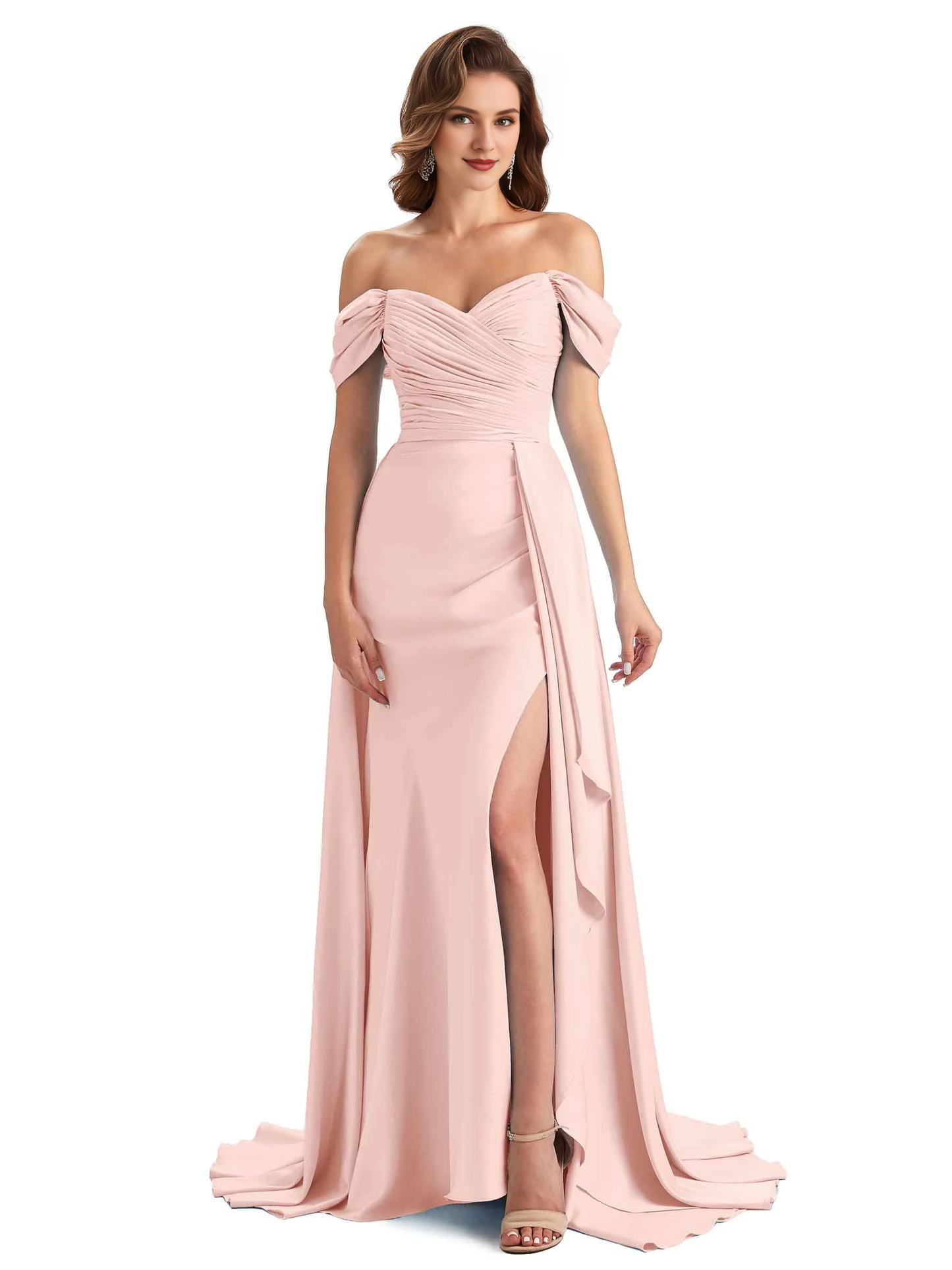 Sexy side slit mermaid soft satin off shoulder long unique bridesmaid dress