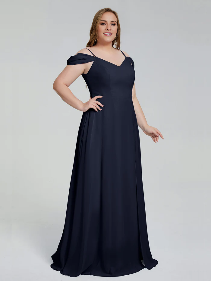 Thin shoulder strap plus size and floor length bridesmaid dress