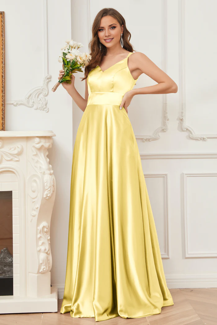 Thin shoulder strap V-neck soft satin and floor length bridesmaid dress