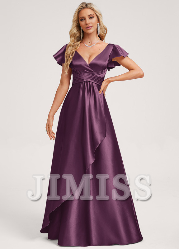 Ruffled A-line V-neck Floor-length Satin Bridesmaids Dress