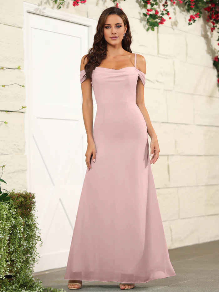 Split off shoulder thin shoulder strap chiffon and floor length bridesmaid dress